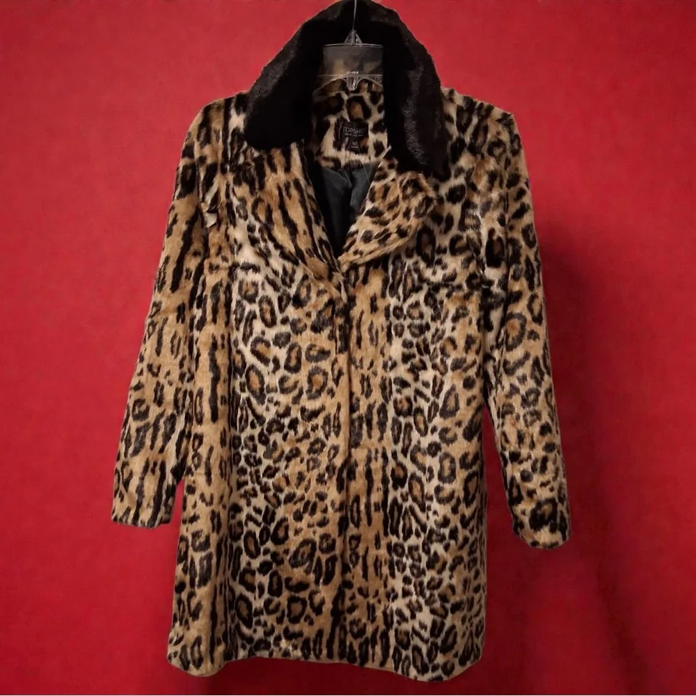 TOPSHOP Leopard Print Faux Fur Coat Mid-Length Mob Wife Style Women Size: 8